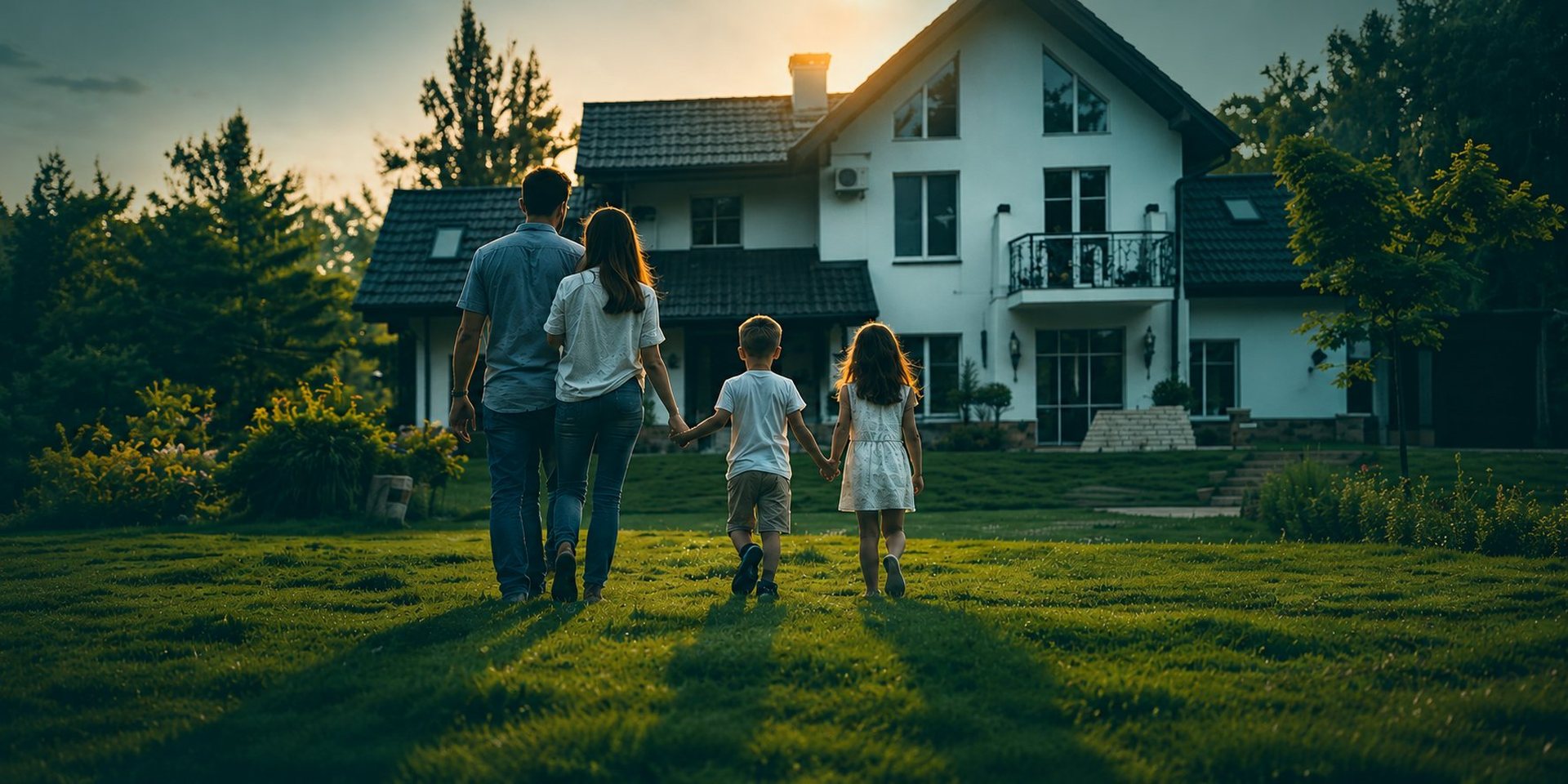 Familie vor ihrem neuen Eigenheim – Immobilie und Baufinanzierung aus einer Hand