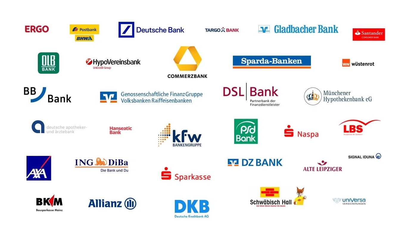 Auswahl unserer Bankpartner – Commerzbank, Deutsche Bank, ING, DKB, Sparkasse, KfW und über 600 weitere